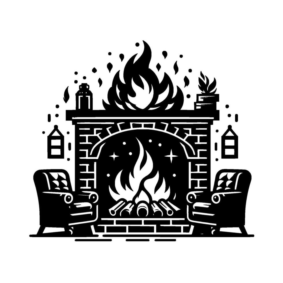 Minimalist Black and White Illustration of a Cozy Fireplace Scene, Featuring Two Armchairs, Glowing Flames, and Decorative Accents vector