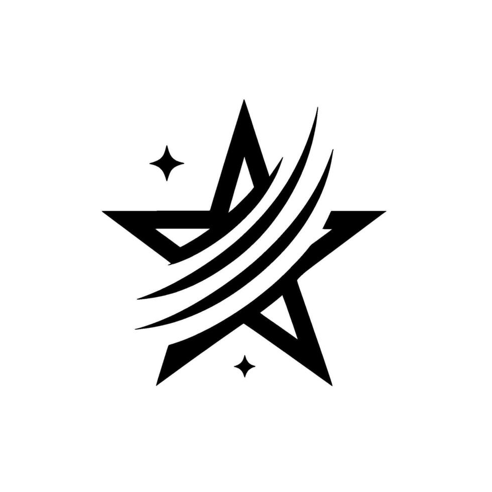Black and White Star with Curved Streaks and Sparkles on a Clean White Background, Modern Minimalist . vector