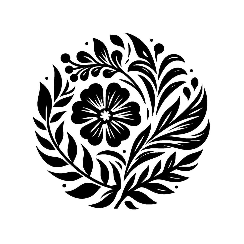 Intricate Circular Floral Black and White Botanical Ornament Featuring a Central Flower, Leaves, and Berries on White. vector