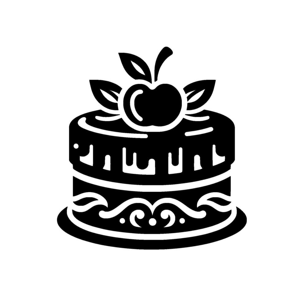A twotiered black and white cake adorned with an apple and leaves, showcasing intricate ornamental . vector