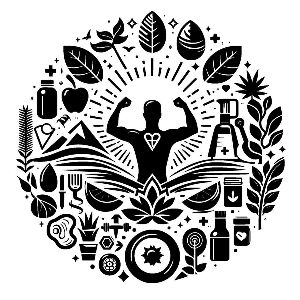 Circular Illustration A Strong Figure Symbolizing Wellness, Surrounded by Healthy Foods and Nature Elements, in Black and White. vector