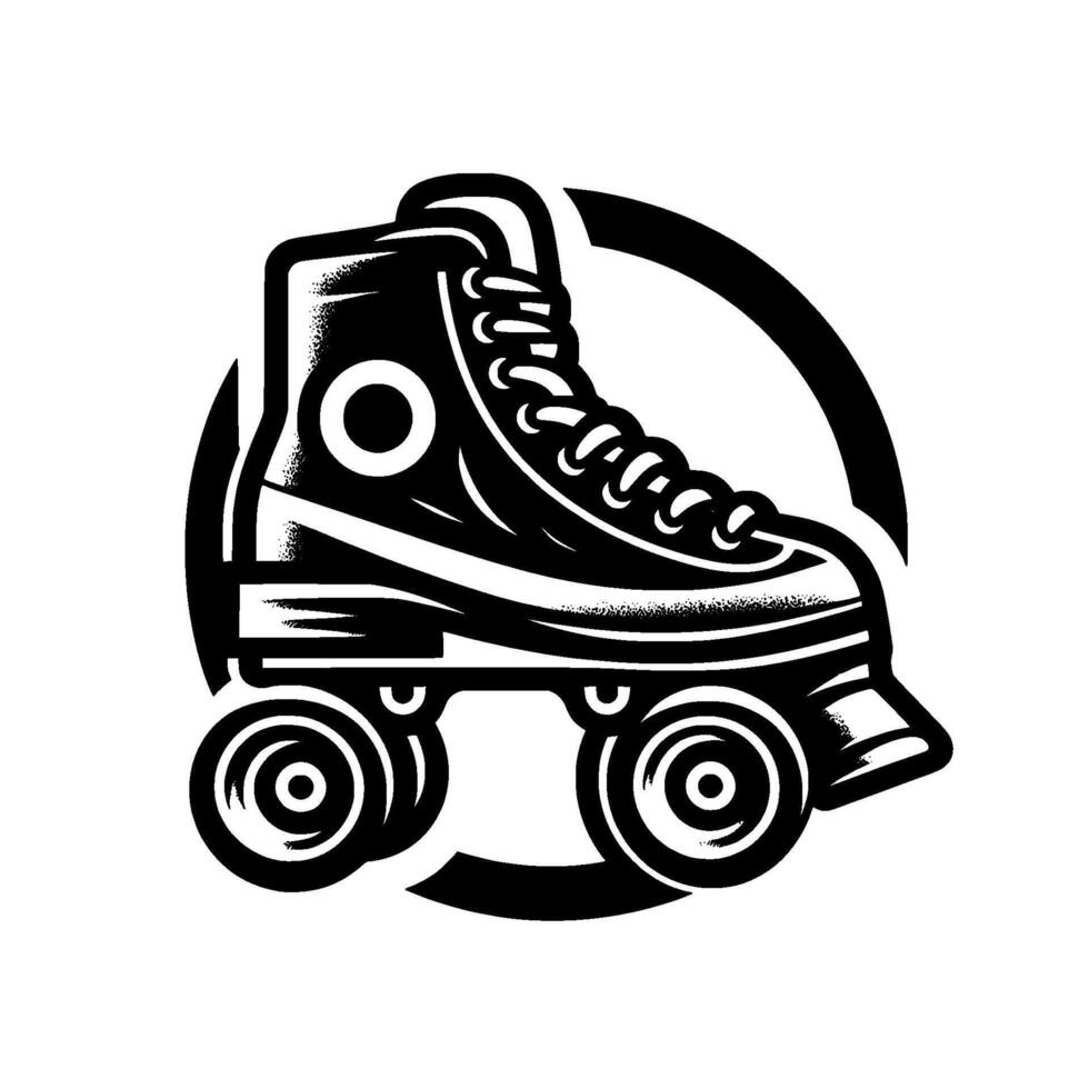 Bold Black White Roller Skate within a Circular Frame, Emblem of Retro Recreation Sport. vector