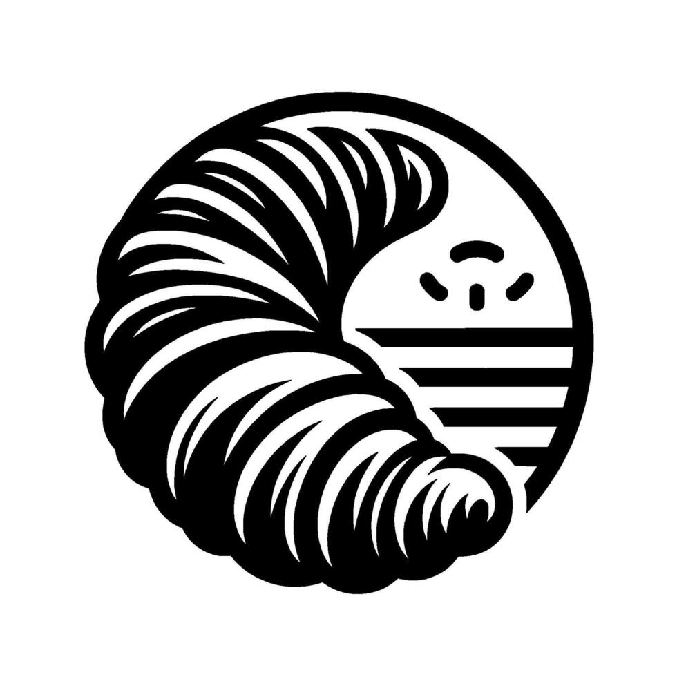 Stylized black and white illustration of a croissantlike form, with a circular border, minimalist aesthetic. vector