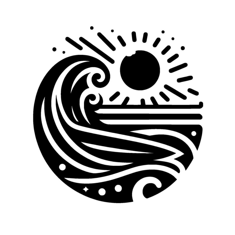Stylized Black and White Circular Sun over Ocean Waves, Representing Harmony, Nature, and Serenity. vector