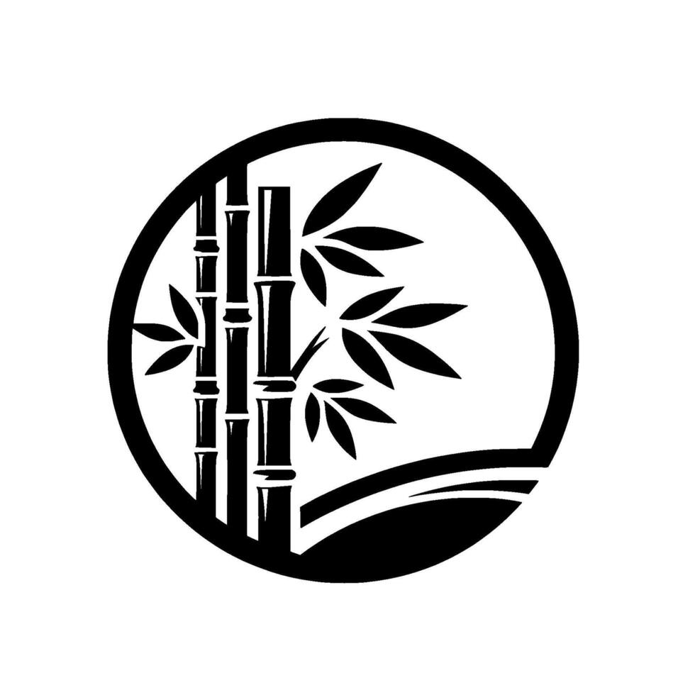 A minimalist black and white bamboo illustration, enclosed in a bold circular frame, symbolizing growth and tranquility. vector
