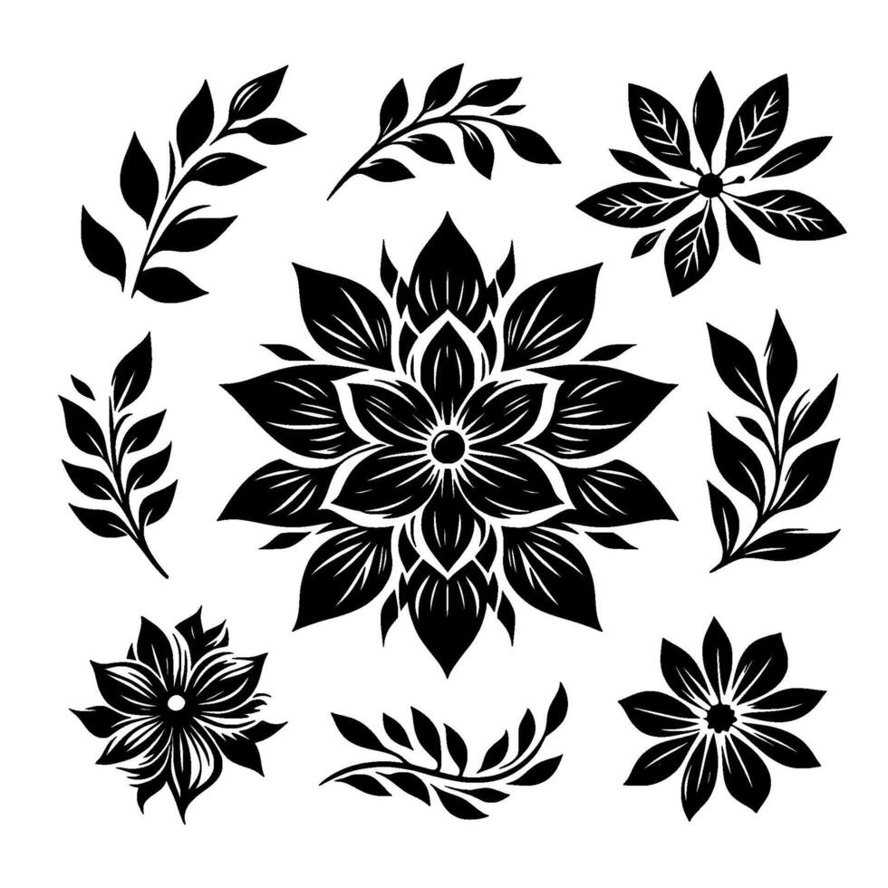 Elegant Floral and Botanical Silhouettes A Collection of Black and White Flower and Leaf Designs on a Clean White Background. vector