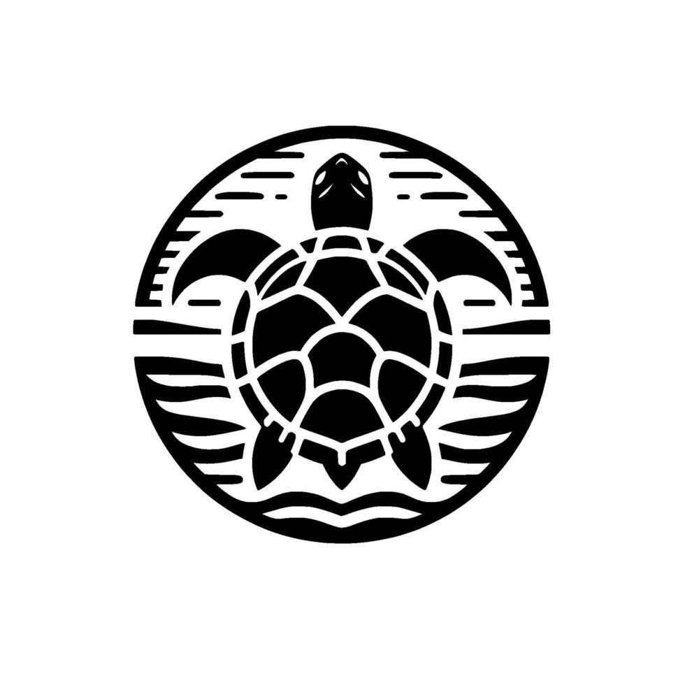 Geometric, minimalist black turtle emblem framed in a circular , atop stylized waves, set against a clean white backdrop elegant, symmetrical, decorative artwork. vector
