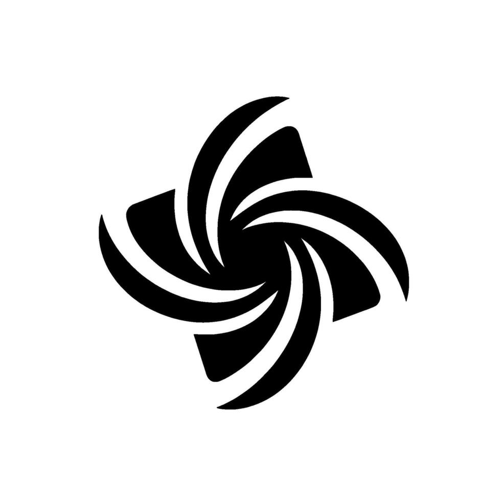 A symmetrical black and white depicting a rotating stylized wind turbine , centrally positioned. vector