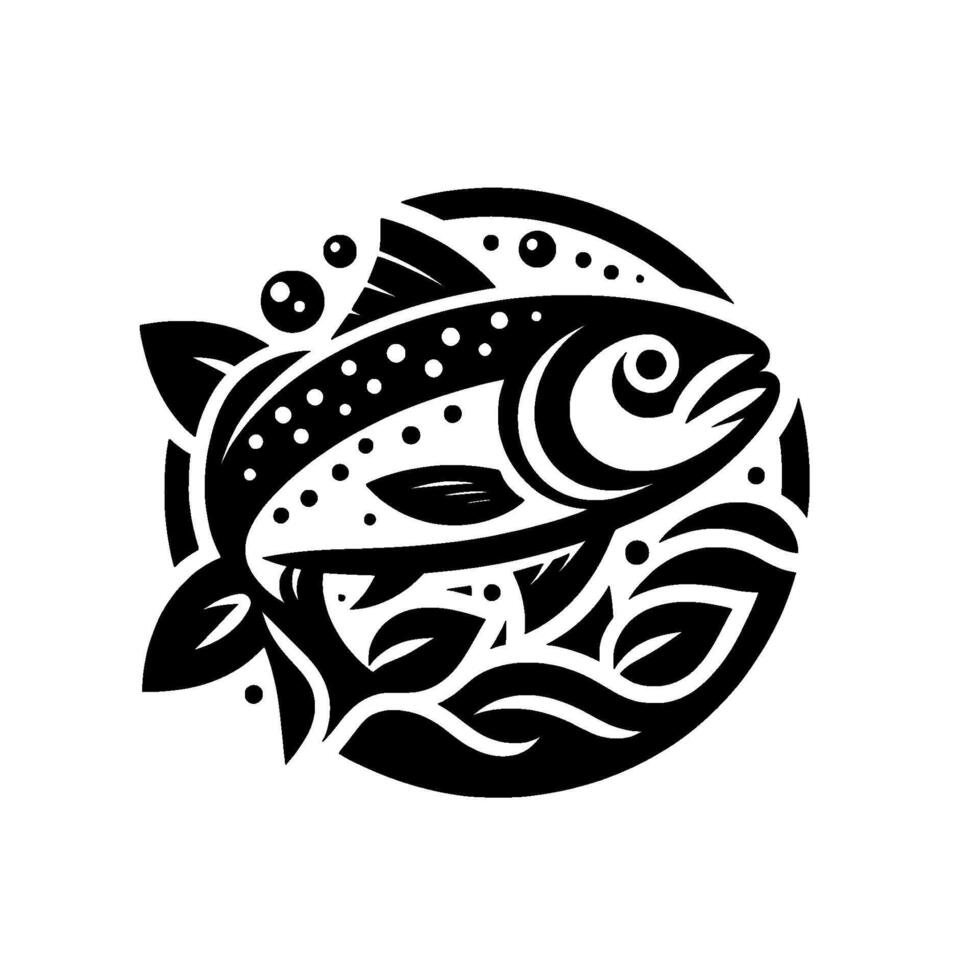 Stylized, black and white circular emblem of a spotted trout swimming through water with bubbles and leaves. vector