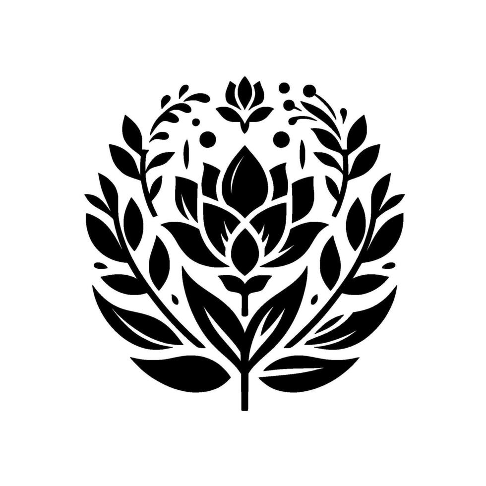 Intricate Black Floral within a Circle, Featuring Central Lotus and Surrounding Foliage, on White. vector