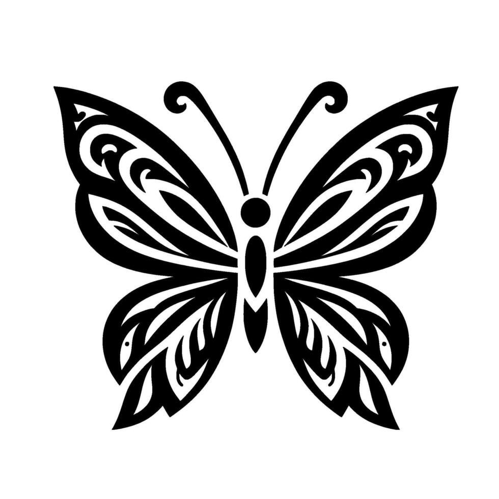 Symmetrical Black and White Butterfly Silhouette with Intricate Ornamental Wing Patterns, Set on a Plain White Background. vector