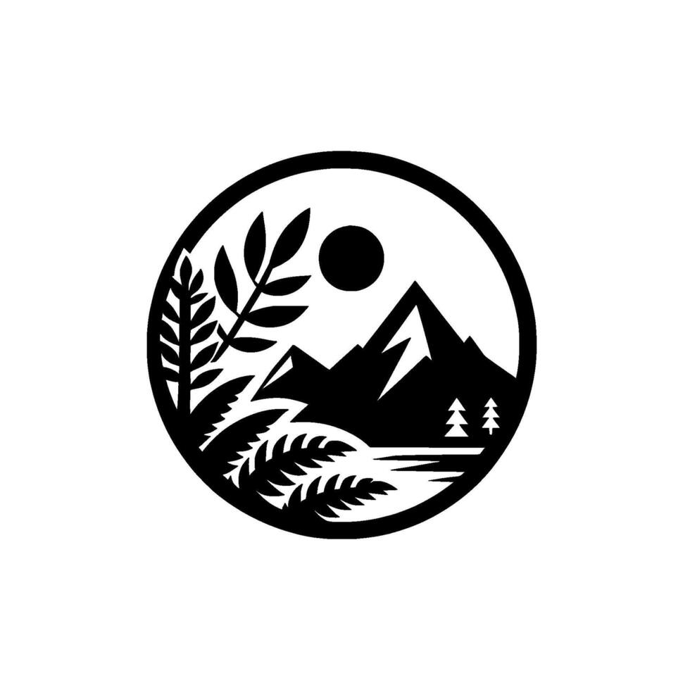 Serene Black White Circular Landscape Mountains, Sun, Trees Foliage vector
