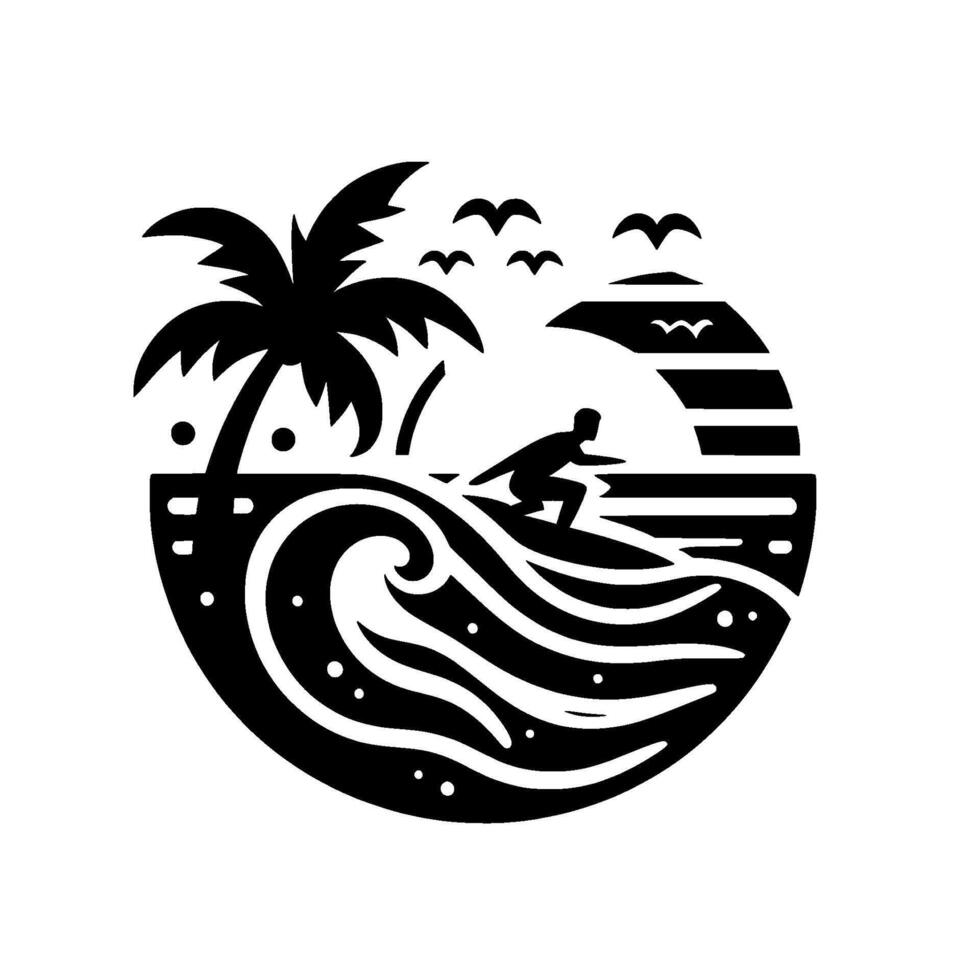 Black and White Circular Illustration of Surfer Riding Wave with Palm Tree, Birds, and Sun Silhouette. vector