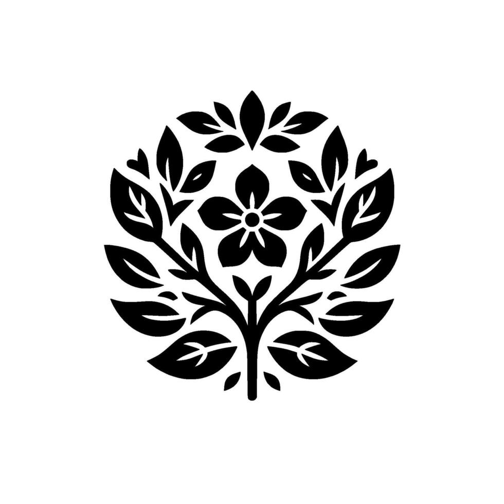 A symmetrical black and white floral emblem, featuring a stylized blossom at the center, surrounded by leaves, arranged within a circular form. vector