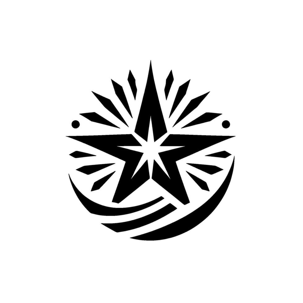 Black and white illustration of a stylized fivepointed star with radiating sharp elements, enclosed within an arc and dots, creating a modern on a clean white background. vector