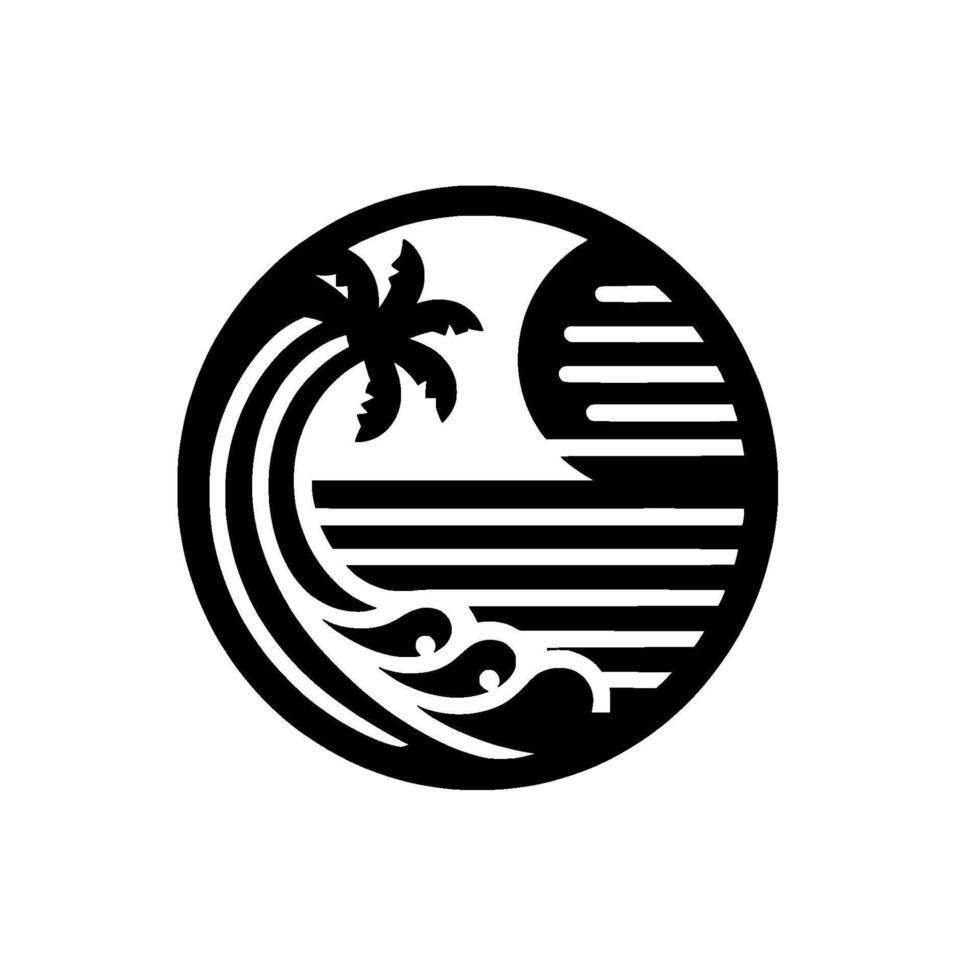 Black White Circular Illustration Palm tree with waves and sunlike horizon in a minimalist tropical . vector