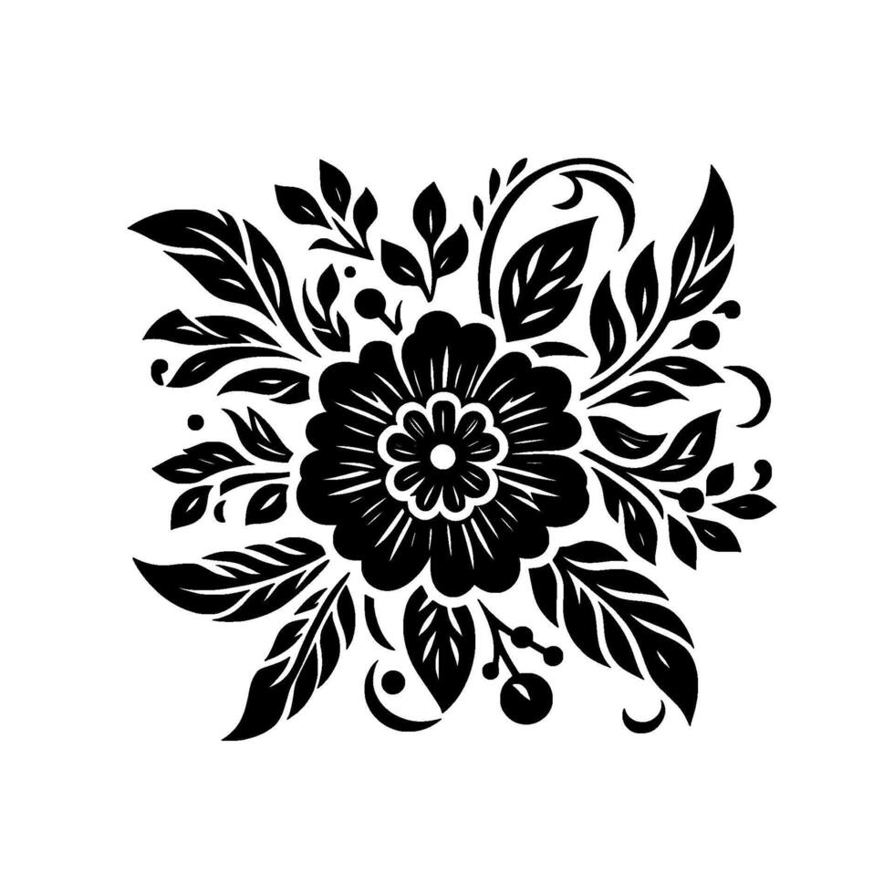Black and white stylized floral arrangement with central bloom, leaves, berries, and swirling elements on a white background, reminiscent of folk art. vector