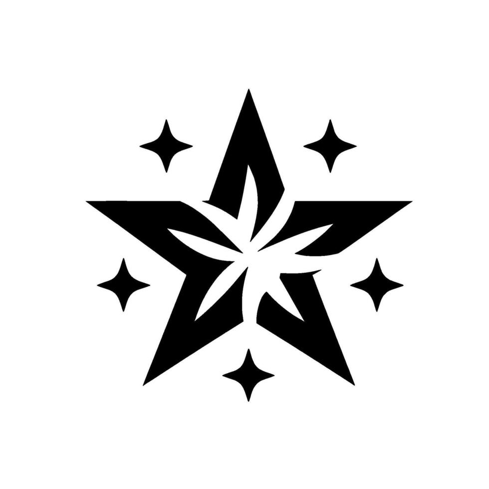 A stylized black star with an intricate floral center, surrounded by smaller stars on a clean white background. vector