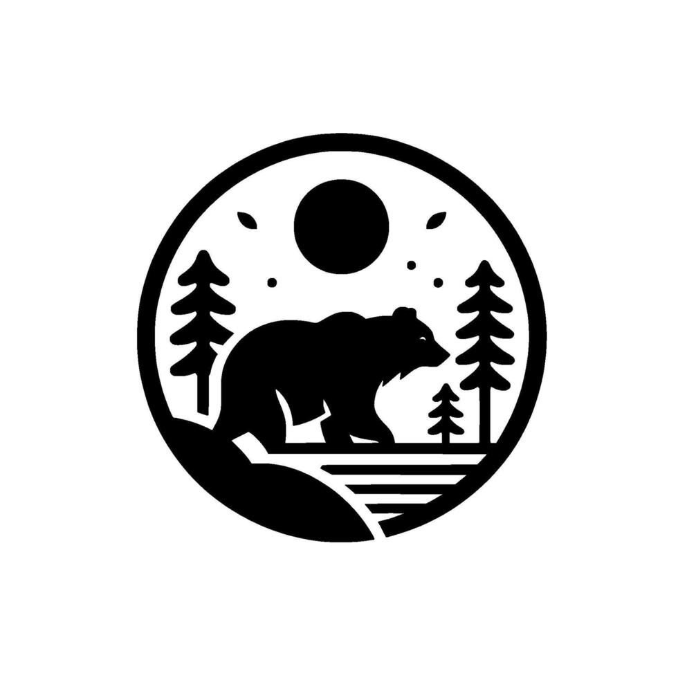 Monochromatic Silhouette of a Grizzly Bear in a Forest Circle, Beneath a Sun, Emblem of Nature, Outdoors. vector