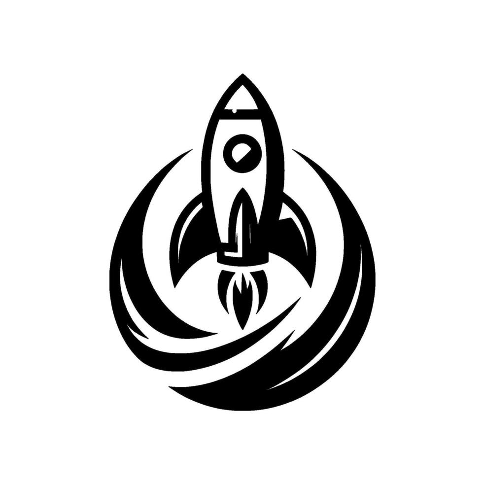 Stylized Black and White Rocket Launch with Dynamic Circular Motion Trails, Abstract , on White Background. vector