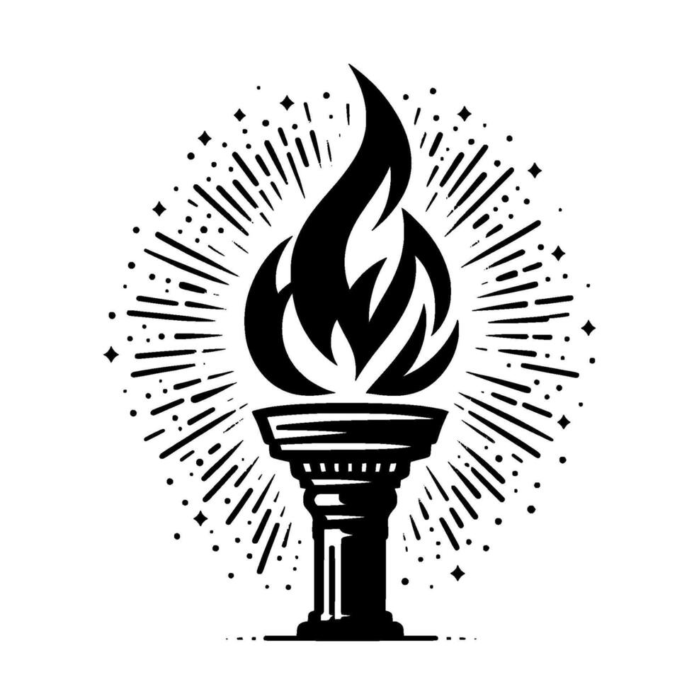 Black and White Emblem A Stylized Torch with Flames Radiating Light and Energy on a White Backdrop. vector