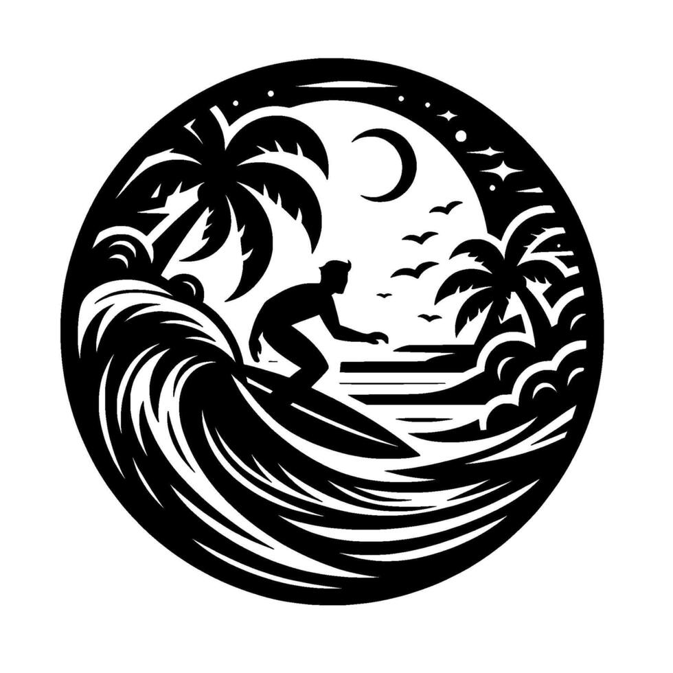 Surfer riding wave silhouette inside circular frame, palm trees, moon, and birds, black and white art. vector