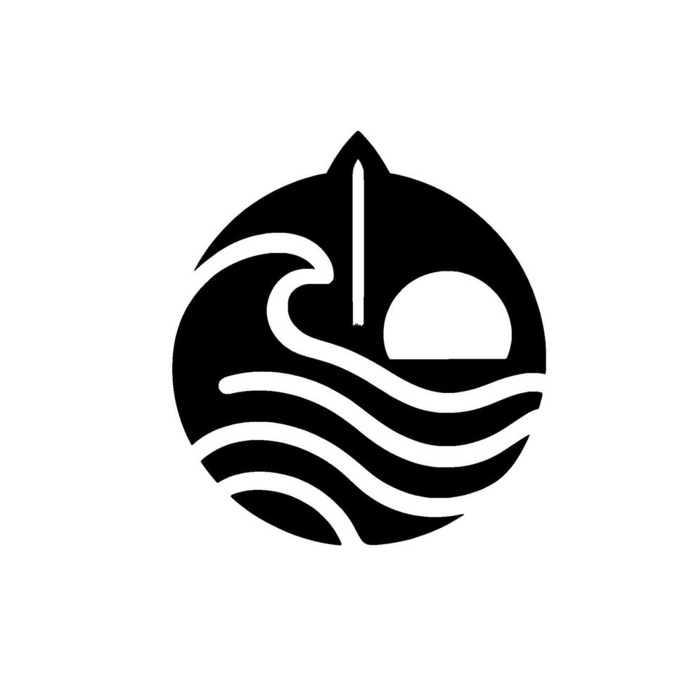 Abstract minimalist black and white of ocean wave, sun, and sail within a circular , suggesting travel and adventure. vector