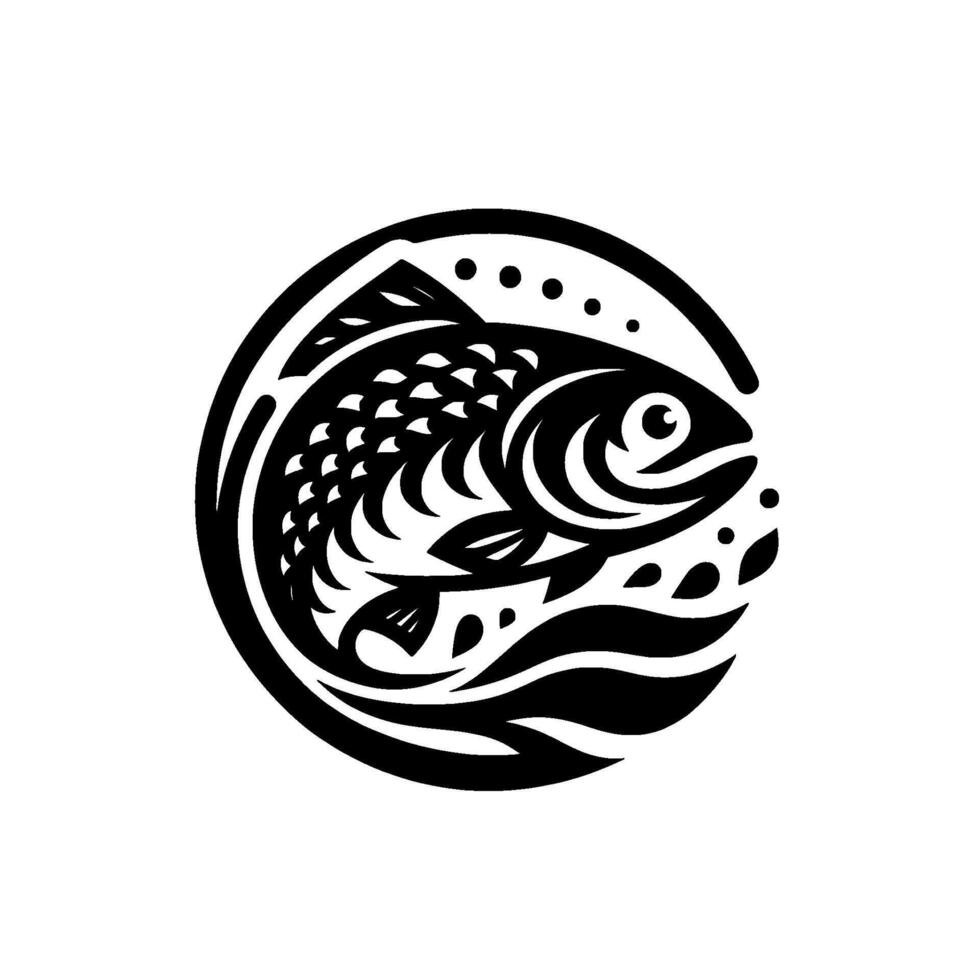 Intricate Black and White Fish Within a Circle Detailed Depiction of Water, Scales, and Artistic Arrangement on a White Background. vector