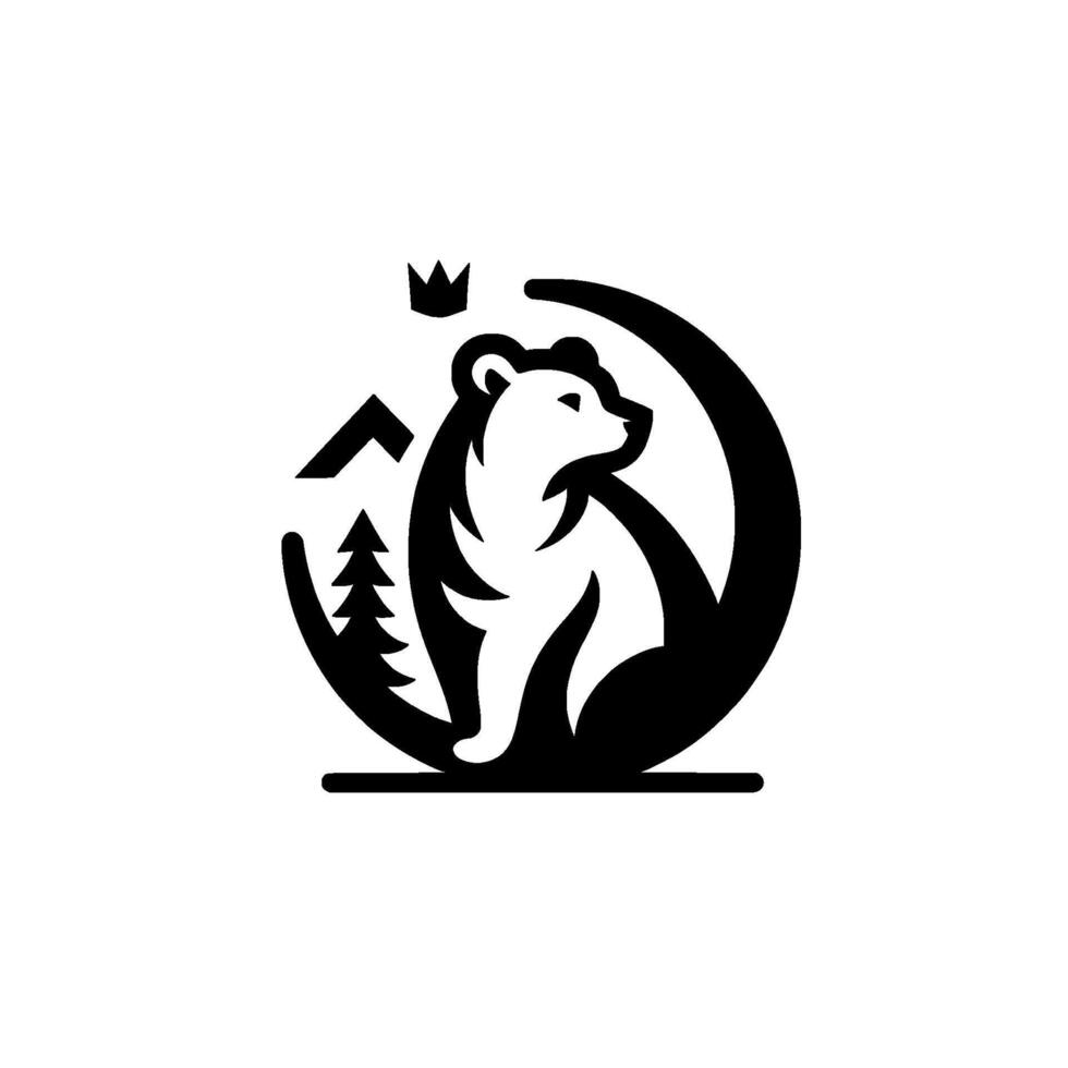 Regal Bear Black and white emblem featuring a stylized bear, forest elements, and a crown atop a circular shape, conveying a sense of majesty and nature. vector