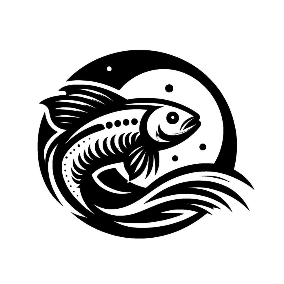 Stylized Black and White Fish in a Circular Frame with Wavy Water, Dots, and Organic Lines for a Tattoo or . vector