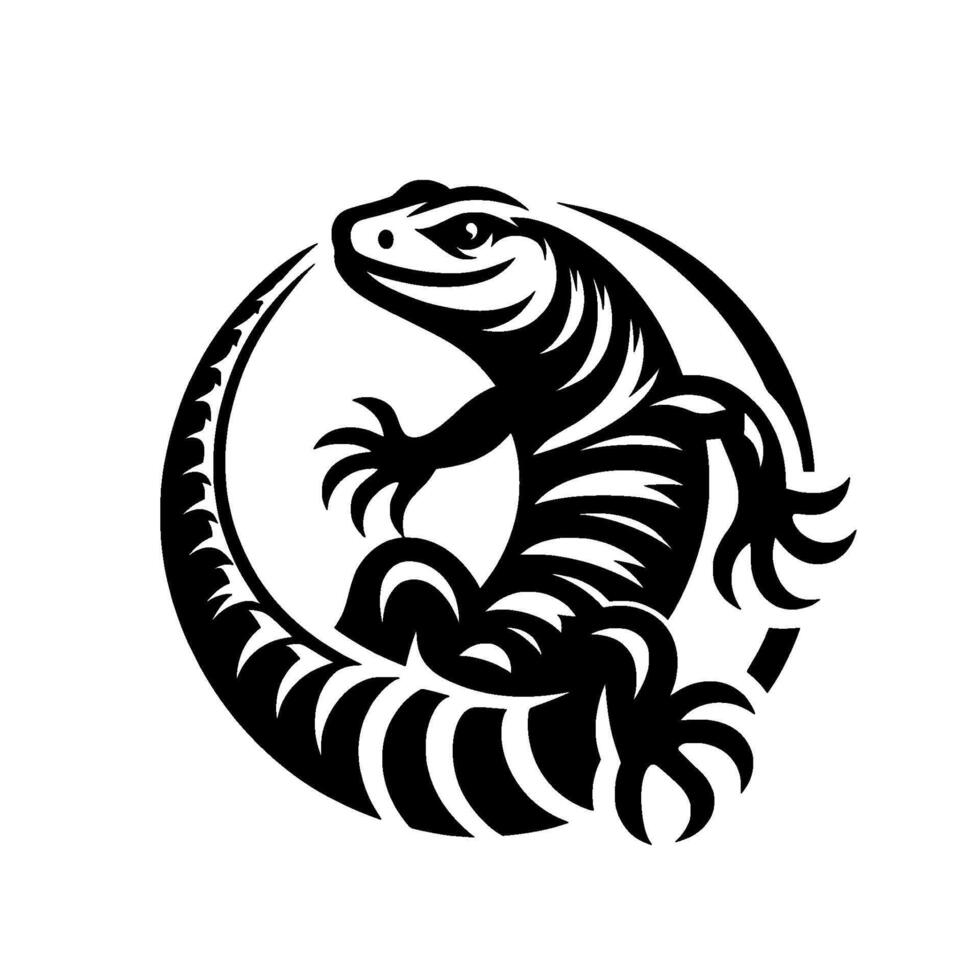 Black White Lizard Silhouette Within a Circle, Featuring Stripped Body and Detailed Claws, Artistic Emblem. vector