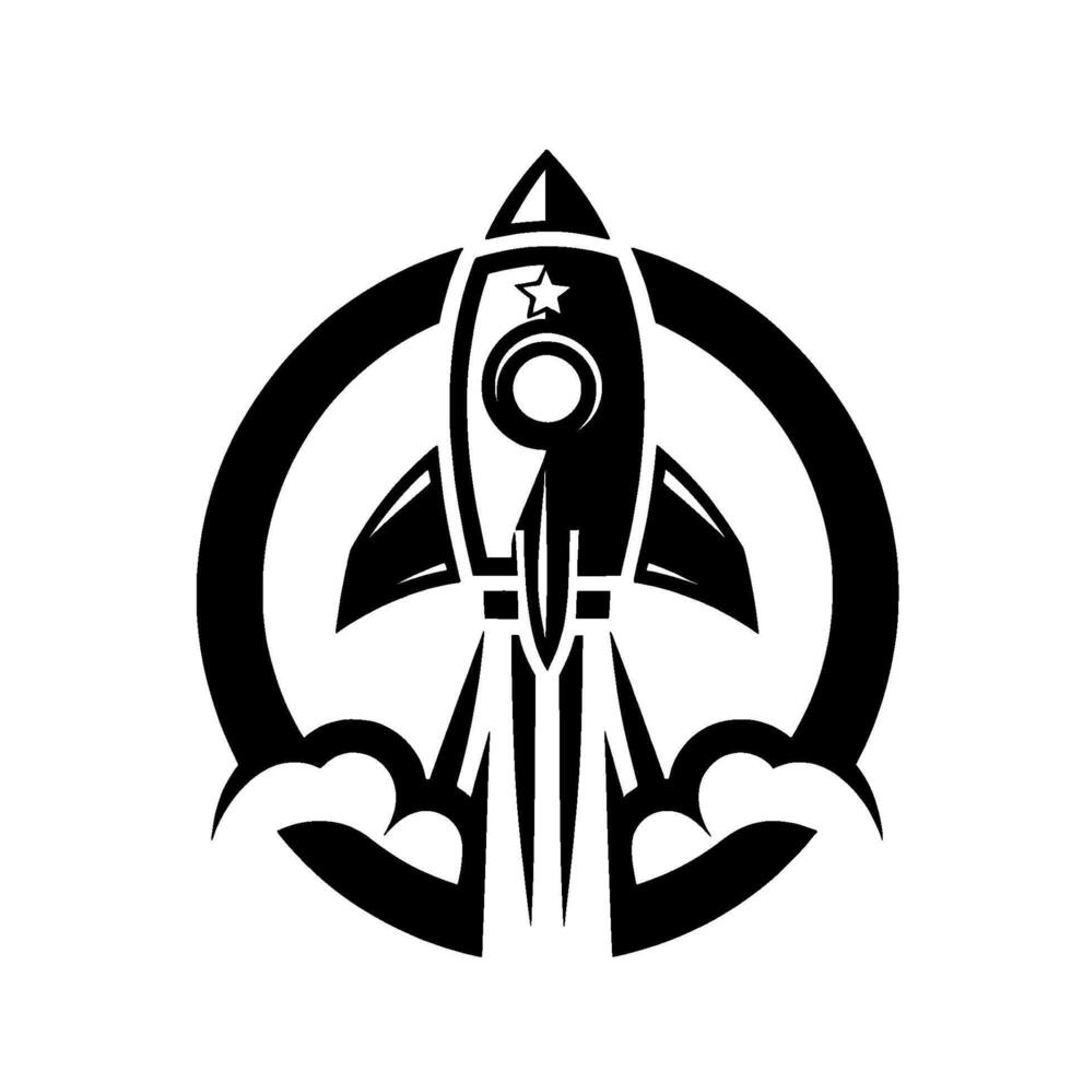 Black and White Rocketship , Taking Off with Smoke Trail Inside a Circular Frame, Minimalist . vector