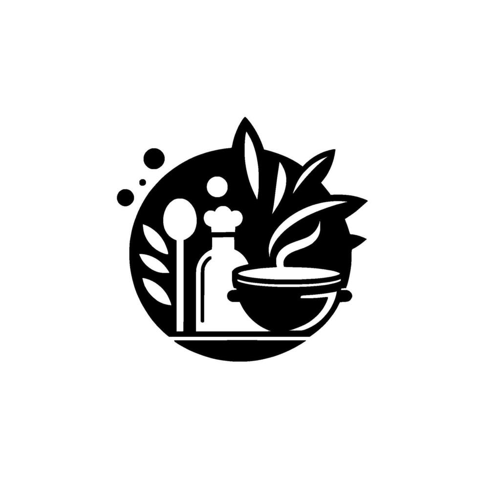 Black and white minimalist featuring cooking utensils, plants, ingredients, and a soup bowl within a circular frame, suggesting healthy, homemade cuisine. vector