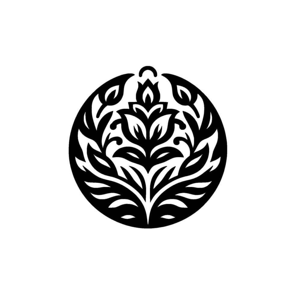 Intricate black floral medallion with symmetrical , leaves, and flower elements, enclosed in a circular frame, against a white backdrop. vector