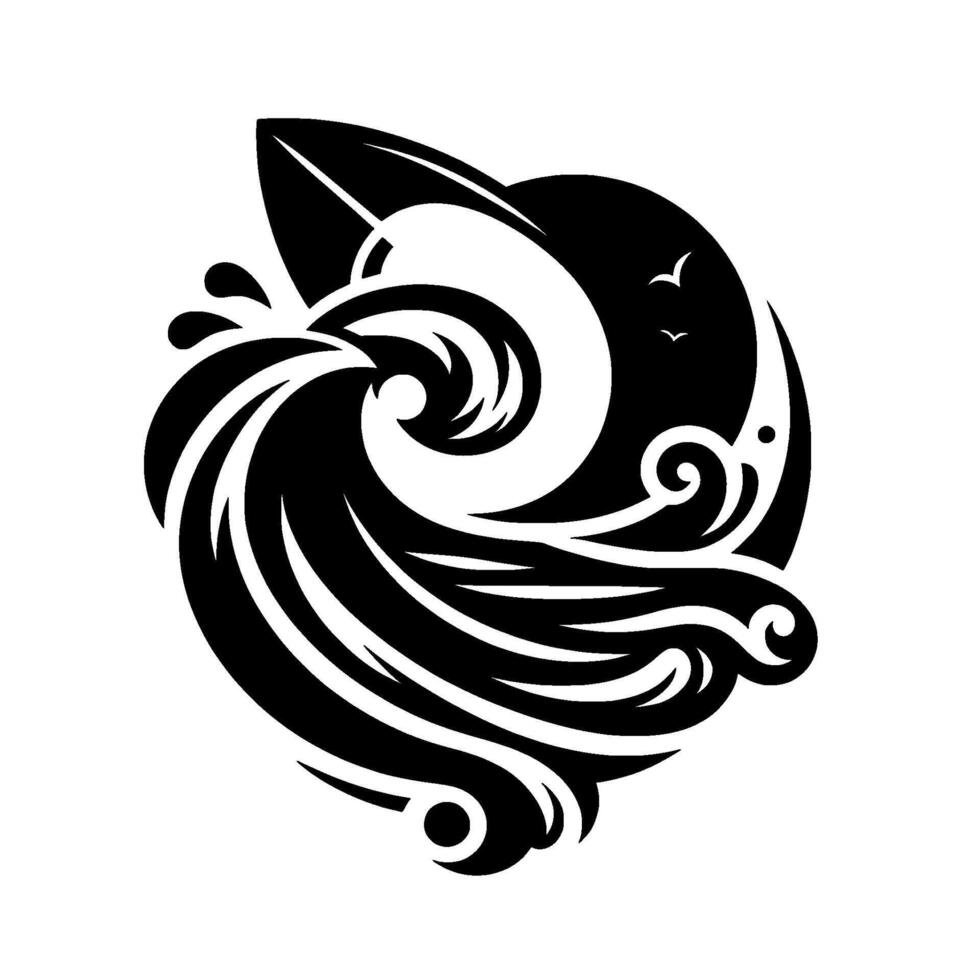 A stylized black and white illustration of a powerful ocean wave with a surfboard, birds, and a circular backdrop, capturing the essence of the sea and surfing culture. vector