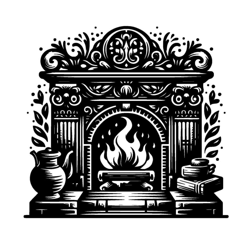 Ornate Black and White Fireplace Illustration, Featuring Flames, Teapot, Cup, and Books, in Decorative Victorian Style. vector