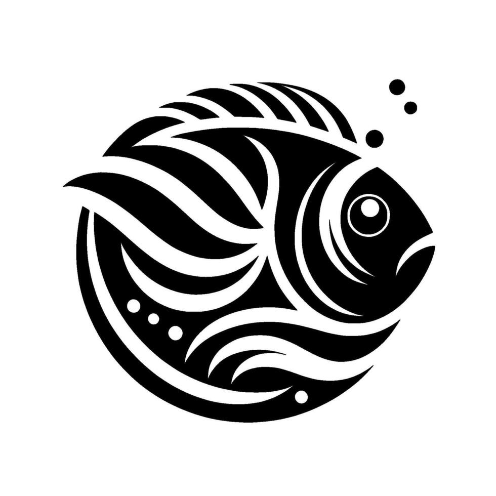Black and White Fish with TribalInspired Ornamentation, Bubbles, and Circular Composition on a White Background. vector