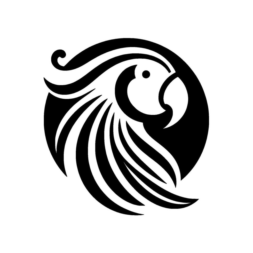 Elegant Black and White Parrot Silhouette in Circular Frame, Clean Lines, Minimalist Aesthetic, Symbolic . vector