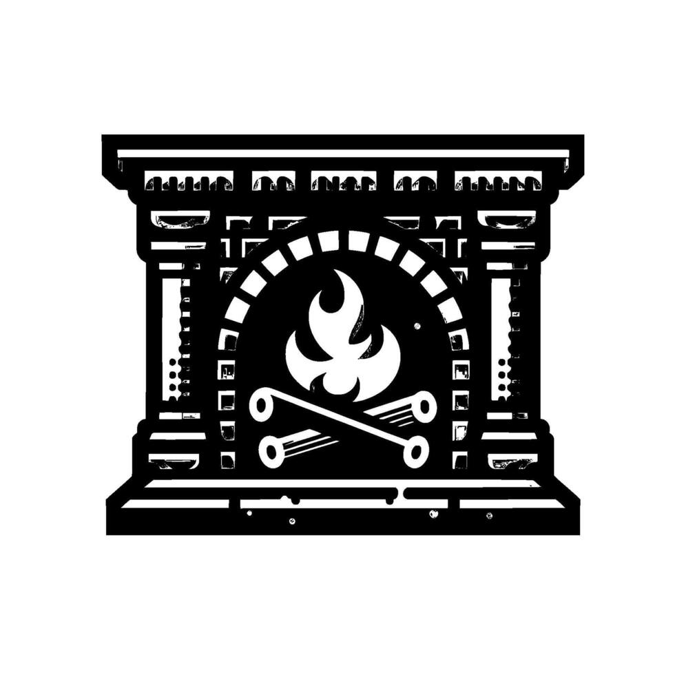 A Stylized Black and White Illustration of a Fireplace with a Glowing Flame, Logs, and an Architectural Frame. vector