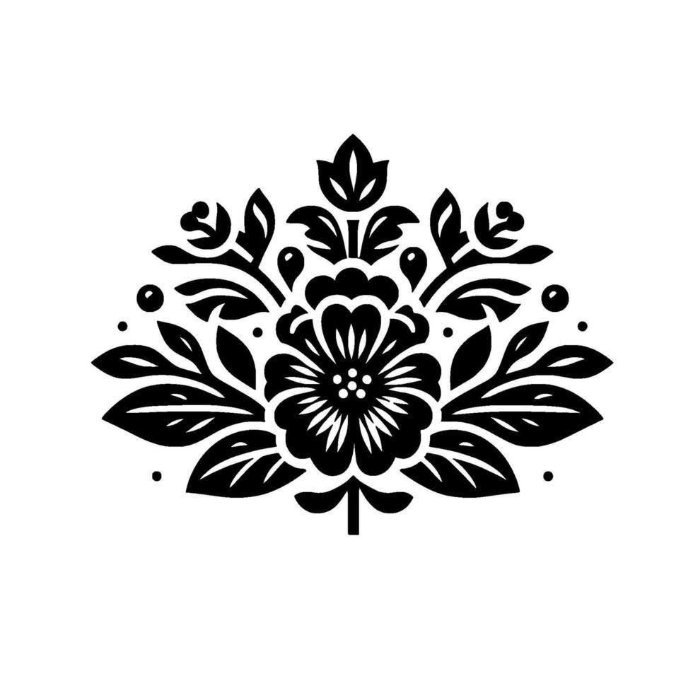 Intricate Black and White Floral Motif Symmetrical with a central flower, leaves, and decorative buds on a white backdrop. vector