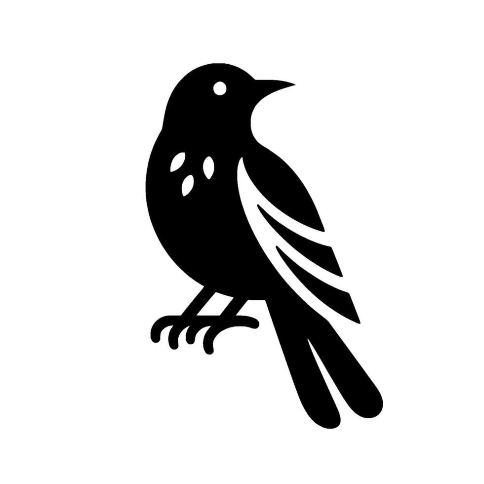 Silhouetted Black Bird, Perched Profile, With White Highlights on Body Eye, Against Plain White Background, Geometric . vector