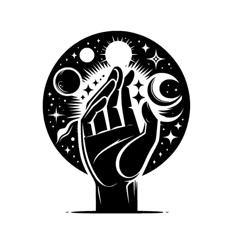 Black and white illustration of a hand cradling celestial bodies, including the sun, moon, and stars, within a circular frame. vector
