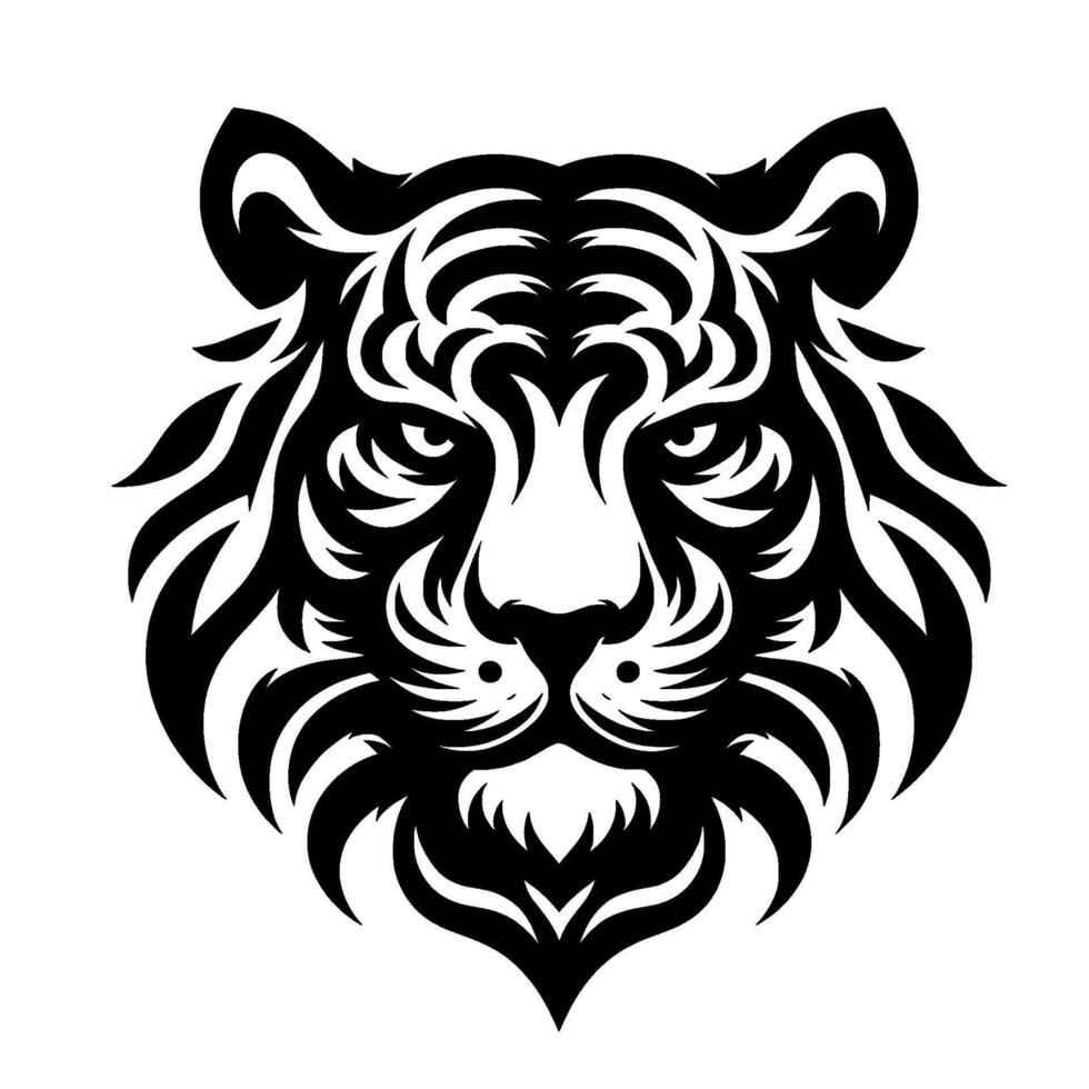Striking Black and White Tribal Tiger Head A Bold and Intricate Depicting Powerful Animal in Minimalist Form. vector