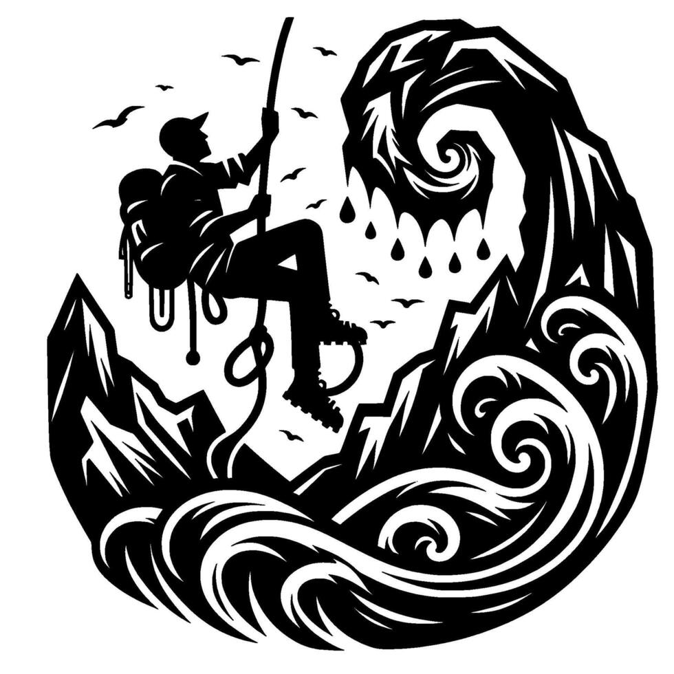 Silhouette of a climber ascending a cliff, surrounded by stylized mountains and ocean waves, birds in the sky, drops falling from the peak. vector