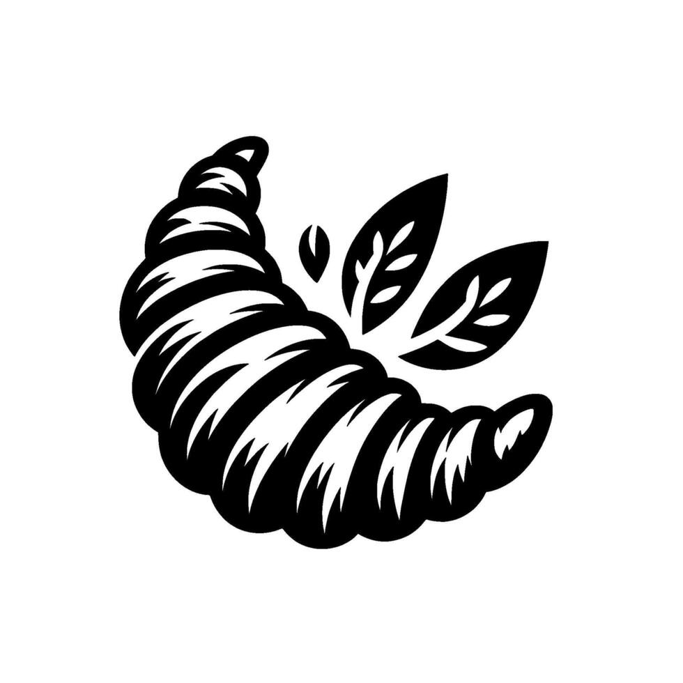 Monochrome stylized croissant with leaves, illustration on a white background. Bakery and organic theme. vector