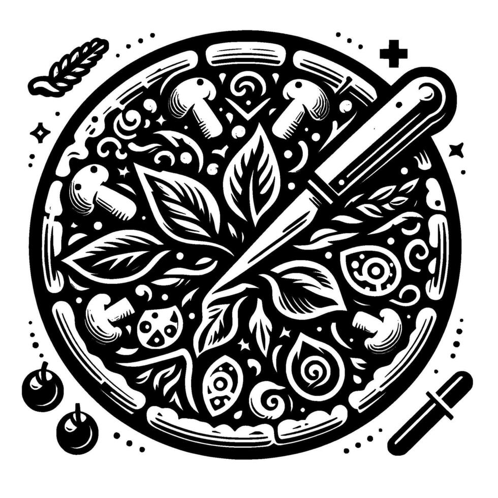 Intricate Black White Pizza Illustration with Knife, Herbs, Mushrooms, and Stylized Decorative Elements. vector