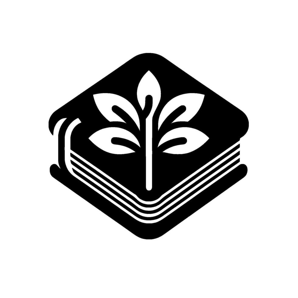 Black and white geometric illustration of a book with a plant , symbolizing knowledge, growth, and education on a white backdrop. vector