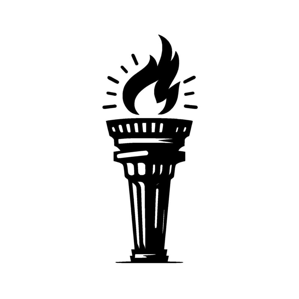 A minimalist black and white illustration of a classical torch with stylized flames and radiant light bursts against a white background. vector