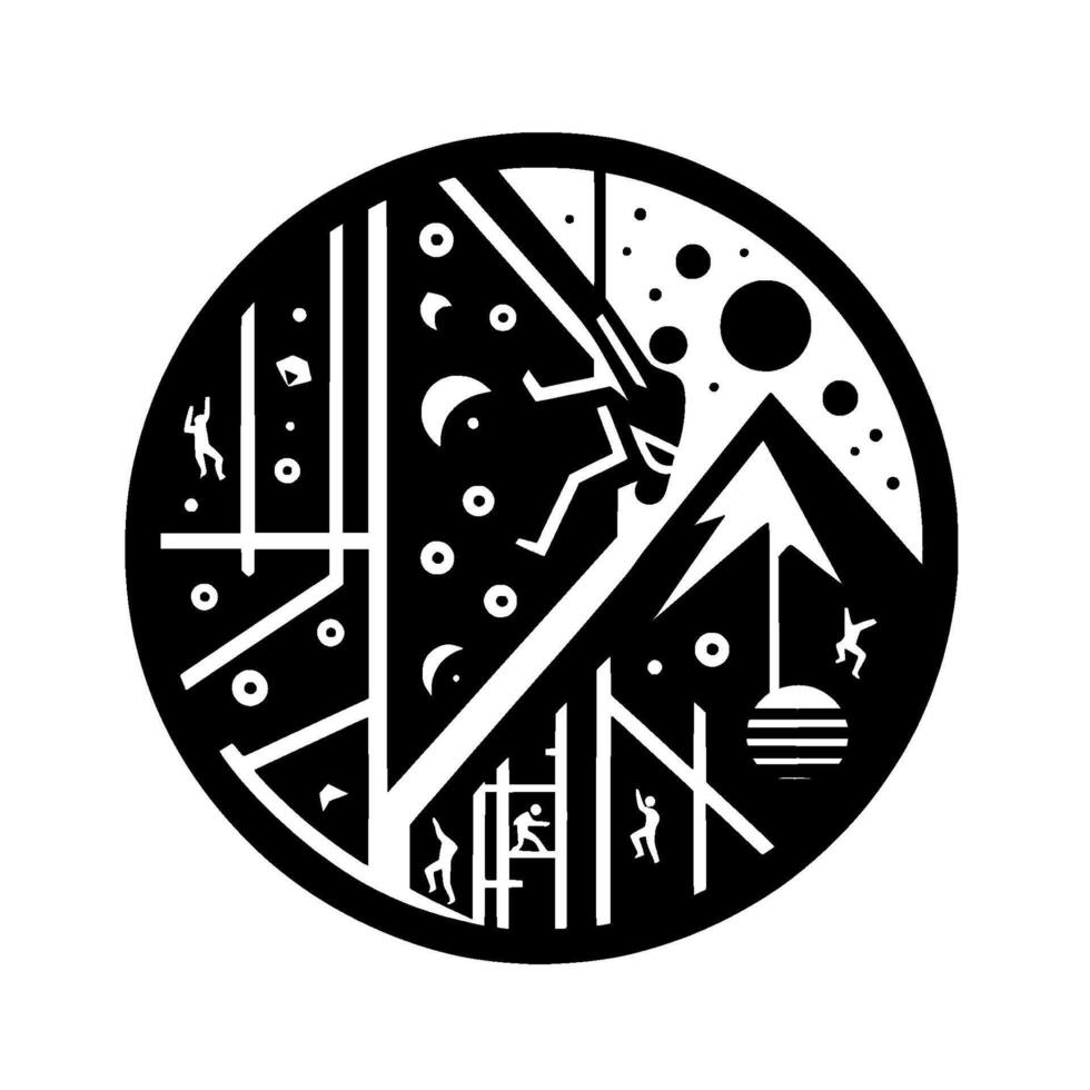 Black and White Circular Illustration of Mountain Climbers, Celestial Bodies, and Geometric Shapes in a Stylized Composition. vector