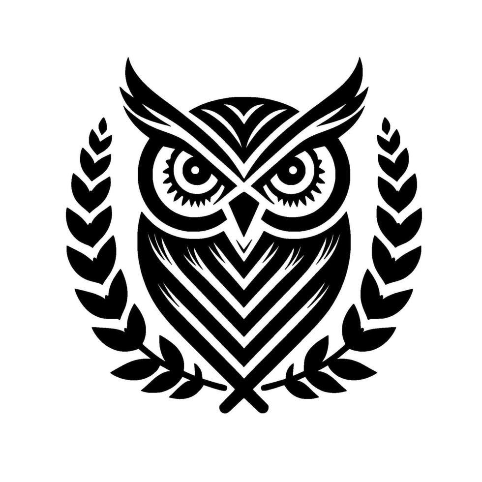 Majestic Black and White Owl Emblem with Detailed Feather Patterns and Laurel Wreath on a White Background. vector